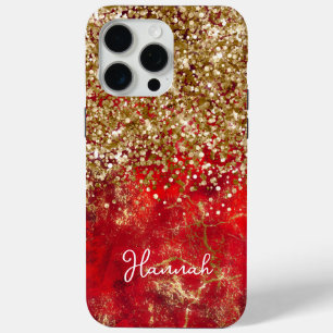 Coque iPhone 15 Pro Max Ruby Red Glittery Gold Glam Personnalisé