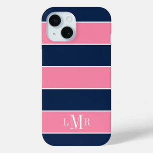 Coque Pour iPhone 15 Rugby rose et bleu rayures 3 lettres monogramme