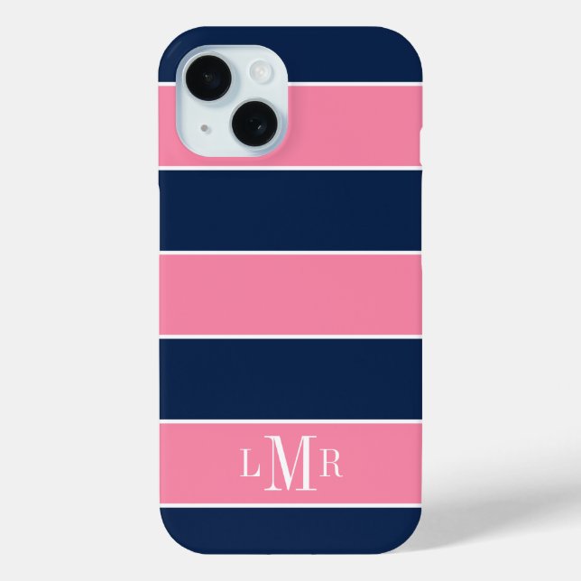 Coques Case-Mate iPhone Rugby rose et bleu rayures 3 lettres monogramme (Verso)