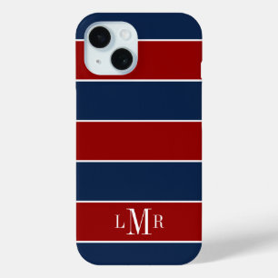 Coque Pour iPhone 15 Rugby rouge et bleu rayures 3 lettres monogramme