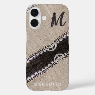 Coque Pour iPhone 16 Rustique Burlap dentelle grange bois Élégance Mono