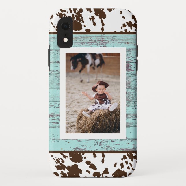 Coques Case-Mate iPhone Rustique Ouest Turquoise Bois Cowhide Photo (Dos)