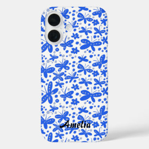 Coque Pour iPhone 16 Sacoche porte-monnaie iPhone papillons bleu