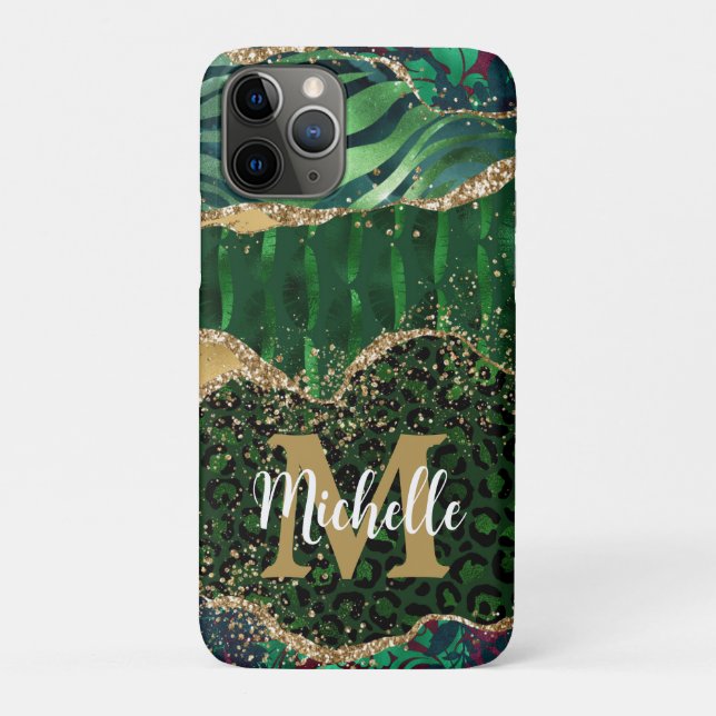 Coques Case-Mate iPhone Safari Animal Vert & Or Pailleté Agate Monogramme (Dos)
