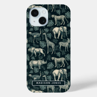 Coque Pour iPhone 15 Safari vintage Animaux africains