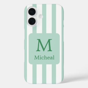 Coque Pour iPhone 16 Sage Green Mint Stripes Monogramme Classic Police