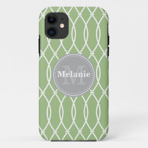 Coque iPhone 11 Sage Moderne treillis Motif gris Monogramme