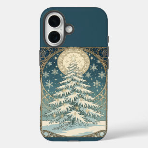 Coque Pour iPhone 16 Sapin de Noël Yule avec neige et forme d'étoile 