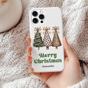 Coque iPhone 15 Mini Sapins de Noël minimalistes chic verts léopard dor