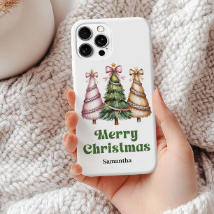 Coque iPhone 15 Mini Sapins de Noël motif léopard luxe nom personnalisé