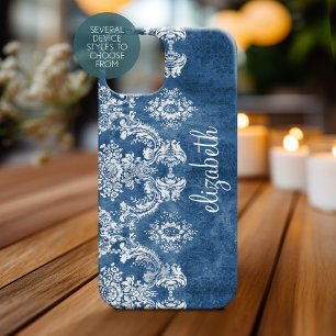 Coque Pour iPhone 14 Plus Sapphire Blue Moody Damask Motif et nom