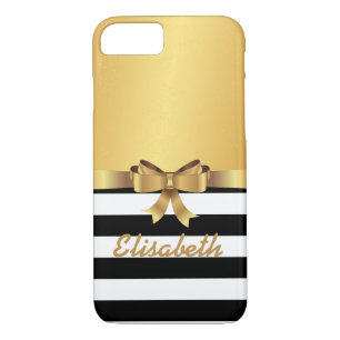 Coque iPhone 8/7 Satin or noir rayure blanche OR BOW MONOGRAM