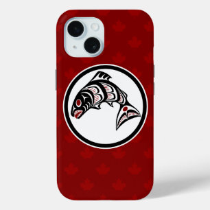 Coque Pour iPhone 15 Saumon haïda d'Amérindien Red Black Art