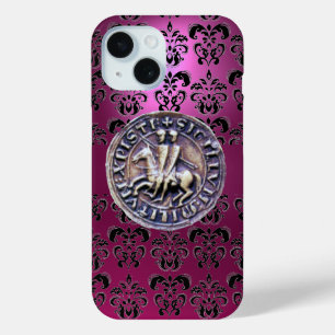Coque Pour iPhone 15 SCEAU DES CHEVALIERS TEMPLAR damassé rose noire