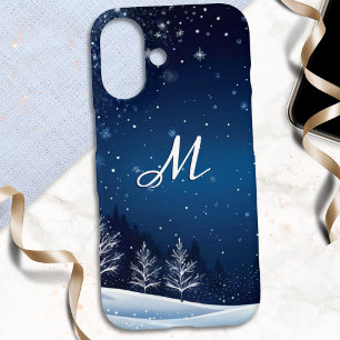 Coque Pour iPhone 16 Scène de neige de nuit d'hiver Monogramme bleu