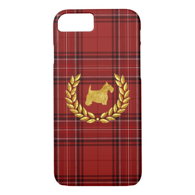 Coques Case-Mate iPhone Scottie d'or et plaid rouge foncé (Dos)