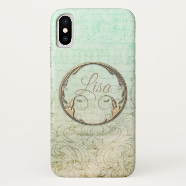 Coques Case-Mate iPhone Script damassé victorien or vert élégant (Dos)