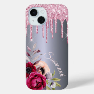 Coque Pour iPhone 15 Script de nom floral à gouttes rose argent