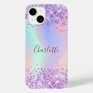 Coque Pour iPhone 14 Script de nom rose violet holographique