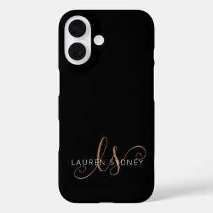 Coque Pour iPhone 16 Script féminin Black Gold moderne Monogramme