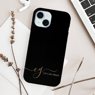 Coque Pour iPhone 15 Script féminin Black Gold moderne Monogramme