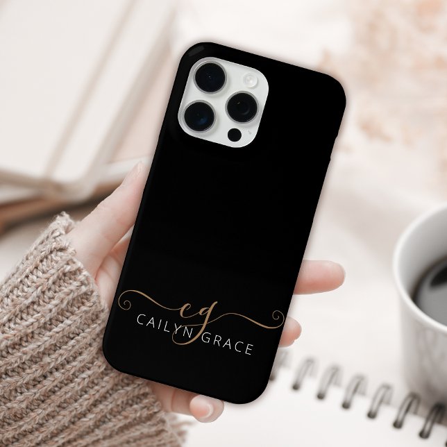 Coques Case-Mate iPhone Script féminin Black Gold moderne Monogramme (Créateur téléchargé)