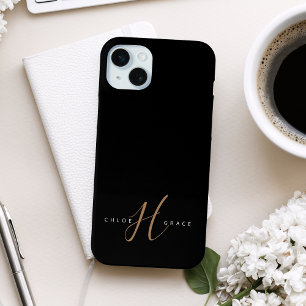 Coque iPhone 15 Mini Script féminin Black Gold moderne Monogramme