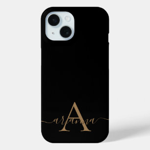 Coque Pour iPhone 15 Script féminin Black Gold moderne Monogramme