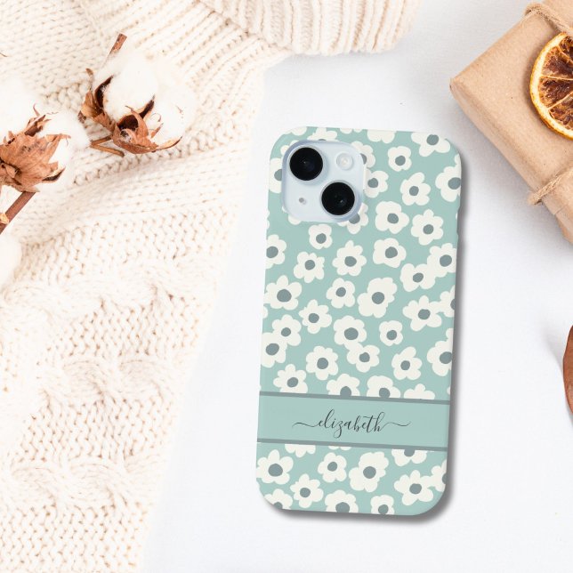 Coques Case-Mate iPhone Script Monogram Boho Vert Blanc Gris Floral  (Mint Green White Gray Floral Boho Monogrammed name iPhone case)