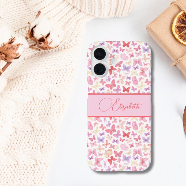 Coques Case-Mate iPhone Script Monogramme rose violet papillons jaunes (Pink purple butterflies Monogrammed Script Name, iPhone case. Available in all current iPhone models)