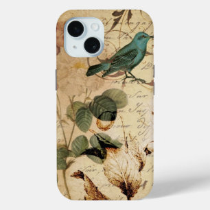 Coque Pour iPhone 15 Scripts de rose vintage girly mode florale oiseau