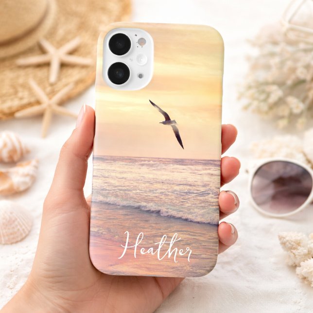 Coques Case-Mate iPhone Seagull at Florida Sunrise Beach Name (Sunrise with Seagull Bird Florida Beach Add Your Name Apple Phone Case)