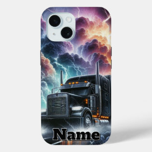 Coque Pour iPhone 15 Semi Camion dans une tempête de foudre vibrante