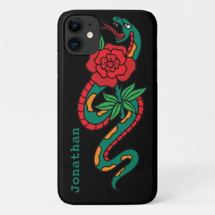 Coque iPhone 11 Serpent Enroulé Autour d'une Rose Rouge, Art de Ta