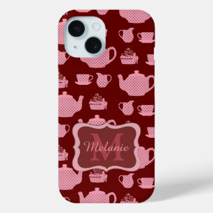 Coque Pour iPhone 15 Set de thé à base de pois rose sur Bourgogne Perso