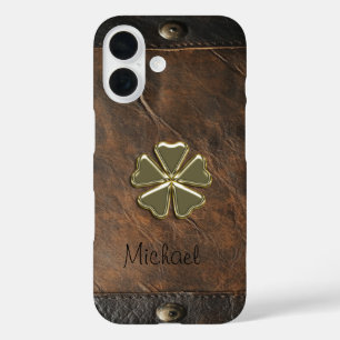 Coque Pour iPhone 16 Shamrock d'or St.Patrick`s Day, Cuir Brown