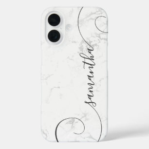 Coque Pour iPhone 16 Signature Bouclée Marbre Blanc Argenté