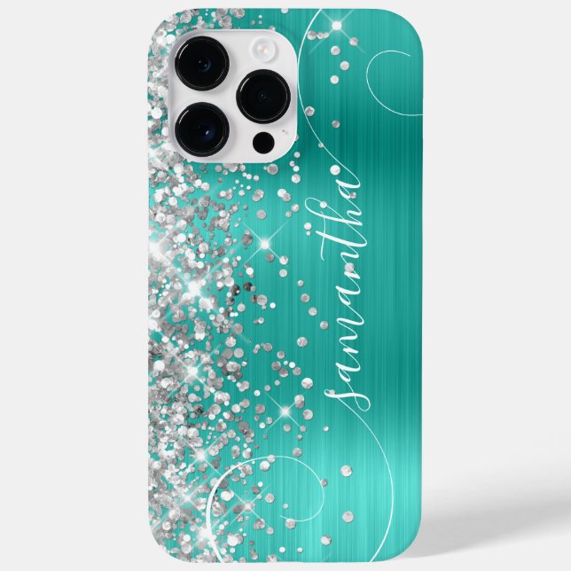 Coques Case-Mate iPhone Signature Curly en argent et en verre turquoise (Verso)