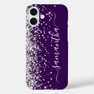 Coques iPhone 16 Plus Signature Féminine Violet Foncé Paillettes Argenté