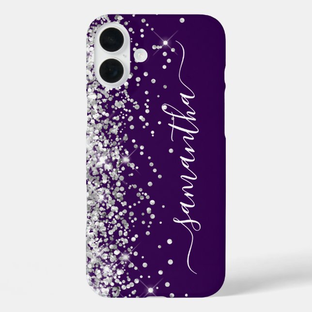 Coques Case-Mate iPhone Signature Féminine Violet Foncé Paillettes Argenté (Verso)