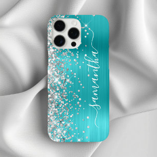 Coques iPhone 16 Pro Max Signature girly Aqua Blue Métallisé Paillettes Arg