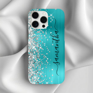 Coques iPhone 16 Pro Max Signature girly métallisée bleu aqua pailleté arge