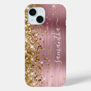 Coque Pour iPhone 15 Signature girly moderne en feuille rose pailletée 