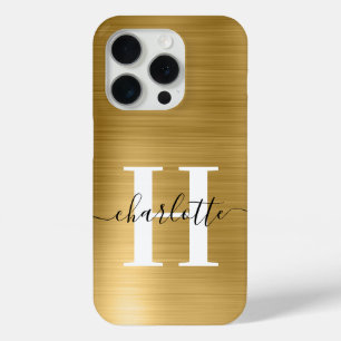 Coque iPhone 15 Pro Signature Moderne Monogramme Feuille d'Or