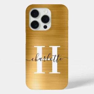 Coque iPhone 15 Pro Signature moderne Monogramme Gold Foil