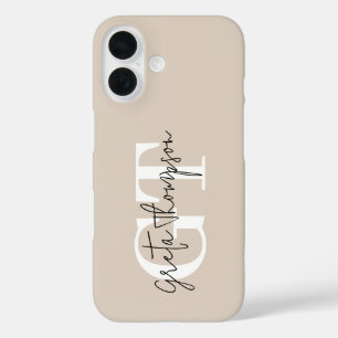 Coque Pour iPhone 16 Signature Nom Monogramme Noir et Blanc Beige