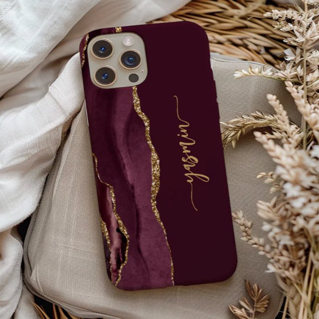 Coques Case-Mate iPhone Signature personnalisée Bourgogne Agate dorée (Créateur téléchargé)