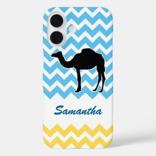 Coque Pour iPhone 16 Silhouette de chameau sur Chevron bleu et jaune
