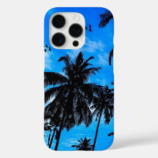 Coques iPhone 16 Pro Silhouette de palmier tropical Été bleu