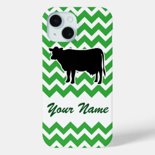 Coque Pour iPhone 15 Silhouette de vache avec Motif Chevron Vert